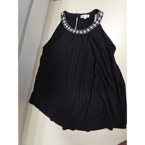 Neiman Marcus Tank Top Womens XL Black Embroidered Halter Tunic Stretch Jersey